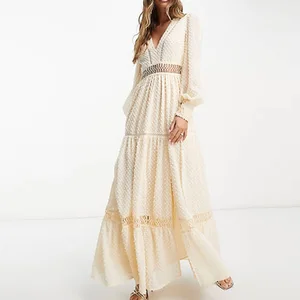 New Causal Design Women's V-neck Tufted Textured Lace Insert Long Sleeve Beige Tiered Maxi Dress