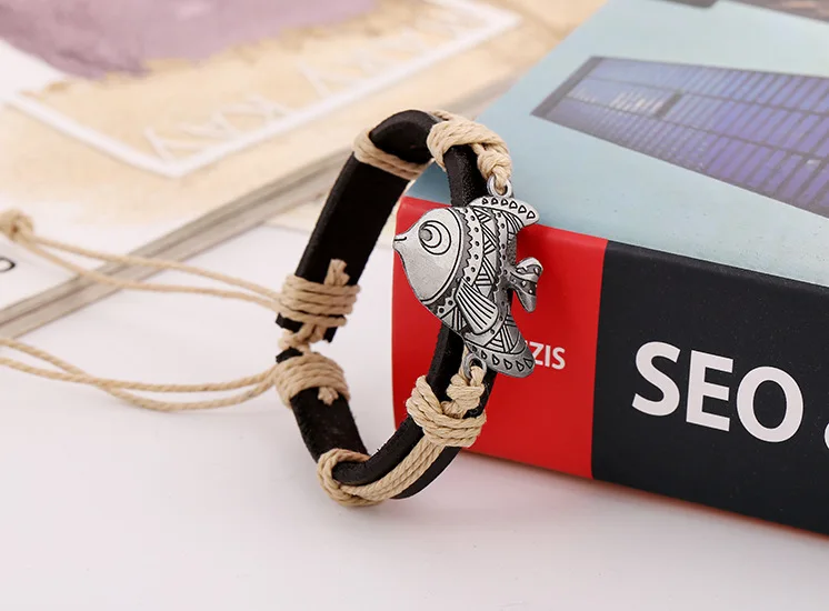Jesus Fish Christian Symbol Bracelet Handmade Punk Woven Leather Bracelet Men's and Women's Cuff Jewelry