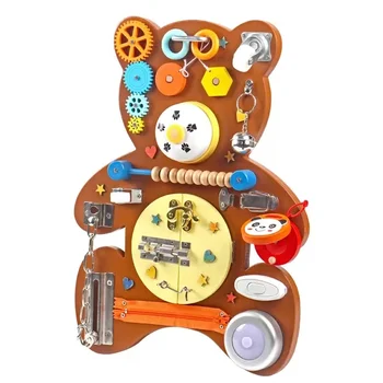 Wooden Brown Bear Busy Board Children Montessori Wall Games Locking Board Educational Toys