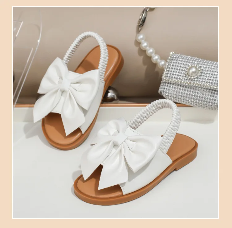 BSCI/Smeta/Sedex/Higg/GRS Factory Wholesale Custom Logo Baby Girl Gold Bowknot Sandals Elastic Webbing Princess Slipper Sandal