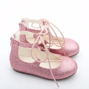 Babyhappy Factory Wholesale Summer High Top Back Zipper Laces Kids Girl Glitter Pink Flat Sandals Princess Dress Shoes