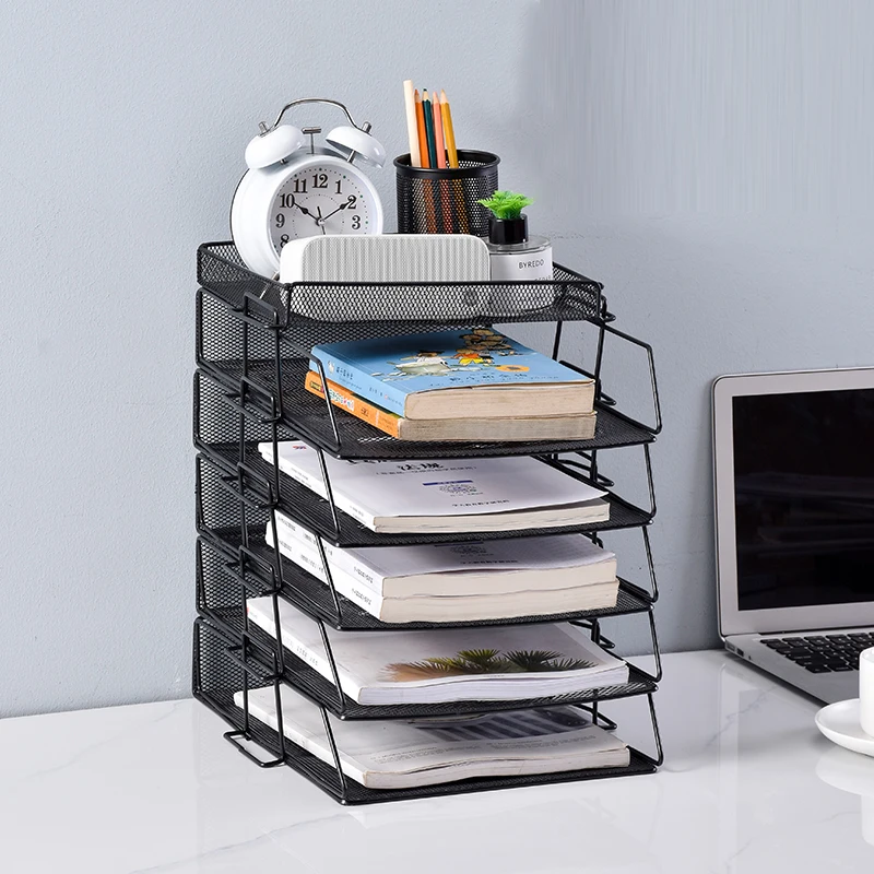 Office supply Desk Table Metal Wire Mesh 6 Vertical Compartment Metal Mesh File Organizer with 2 trays