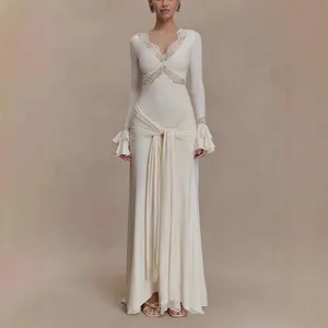 Casual White Dress with Lace Patchwork Flared Sleeves and Flowing Ribbons Evening Dress Slim Fit Long Skirt for Women