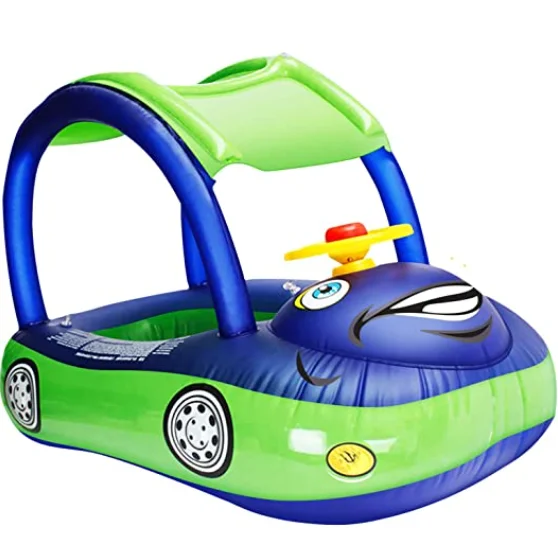 Inflatable Pool Float with Canopy, Car Shaped Babies Swim Float Boat with Sunshade Safty Seat for Toddler Infant Swim Ring Pool