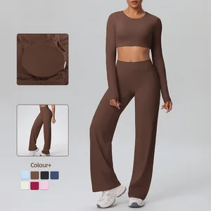 OEM ODM Women's Slim Fit Yoga Clothes Gym Long Sleeve  Crop Top with High Waist Leggings Yoga Sets