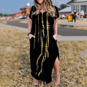Women's Plus Size Casual Maxi Dress XL-5X Loose Pocket Short Sleeve Slits Chiffon Fabric Natural Summer Dress Digital Woven