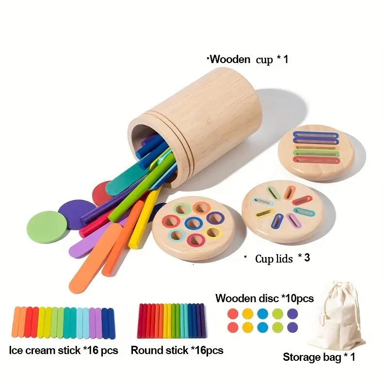 Baby Montessori Toys 3 in 1 Color Classification Cup Toddler Toys Activities Fine Motor Skills Sensory Wooden Toy for Children