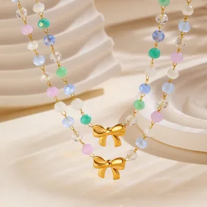 New Sweet Colorful Beads Chain Charm Stainless Steel Necklace 18k Gold Plated Women Girls Bowknot Pendant Necklaces