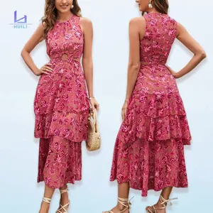 Huili Manufacturer 2025 New Style Fashion Designer Cut Out O Neck Sleeveless Boho Floral Lace Luxury Vintage Casual Red Dress