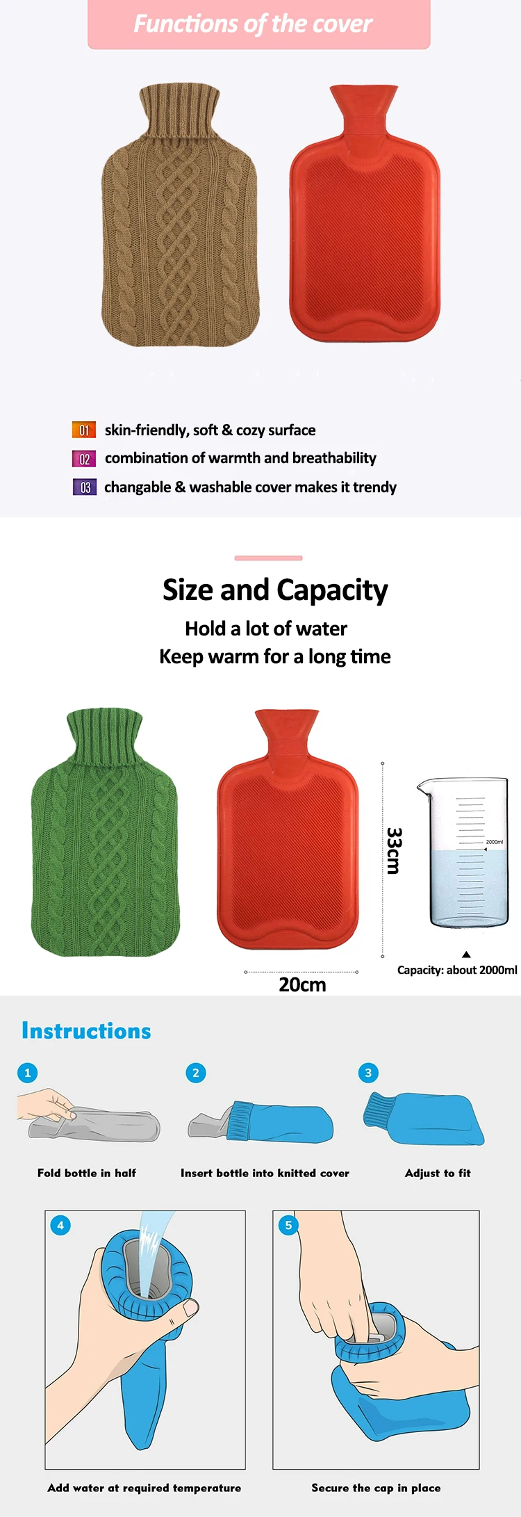 reusable hot-water bottle hot water bag rubber with cover rubber hot water bottle cover custom