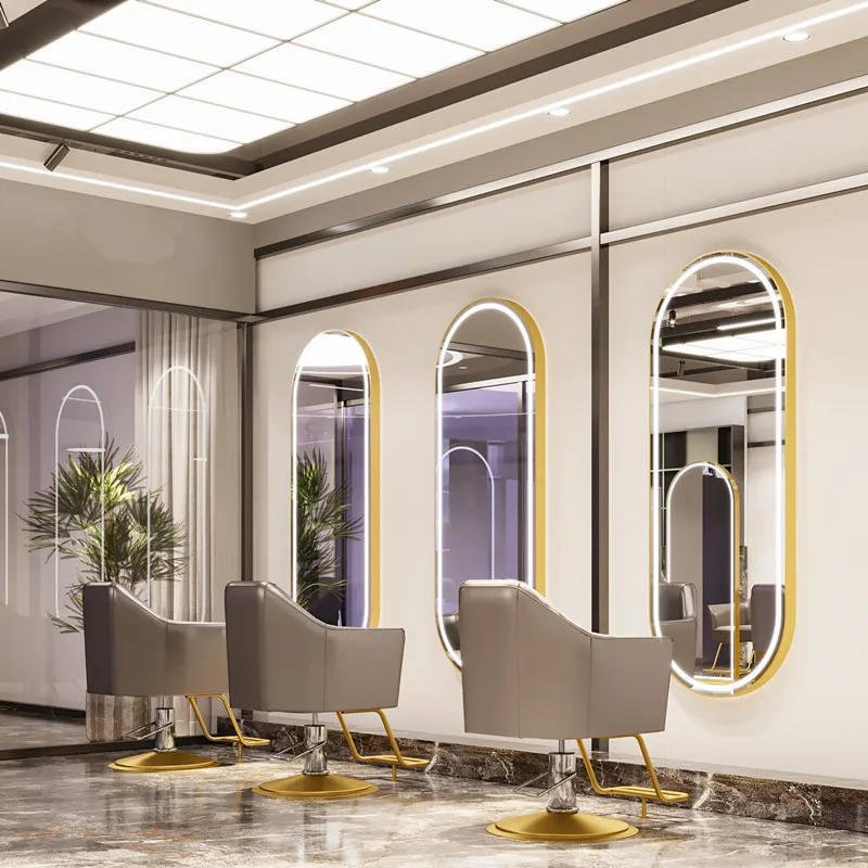 Modern Gold Large Rectangular Led Lighted Hairdressing Floor Salon Wall Mirror for Hair Salon Unit