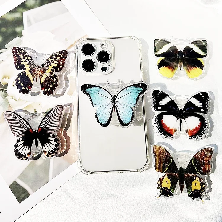 Popular designs custom acrylic waterproof phone holder finger griptok socket cartoon butterfly acrylic mobile phone grip manufacture