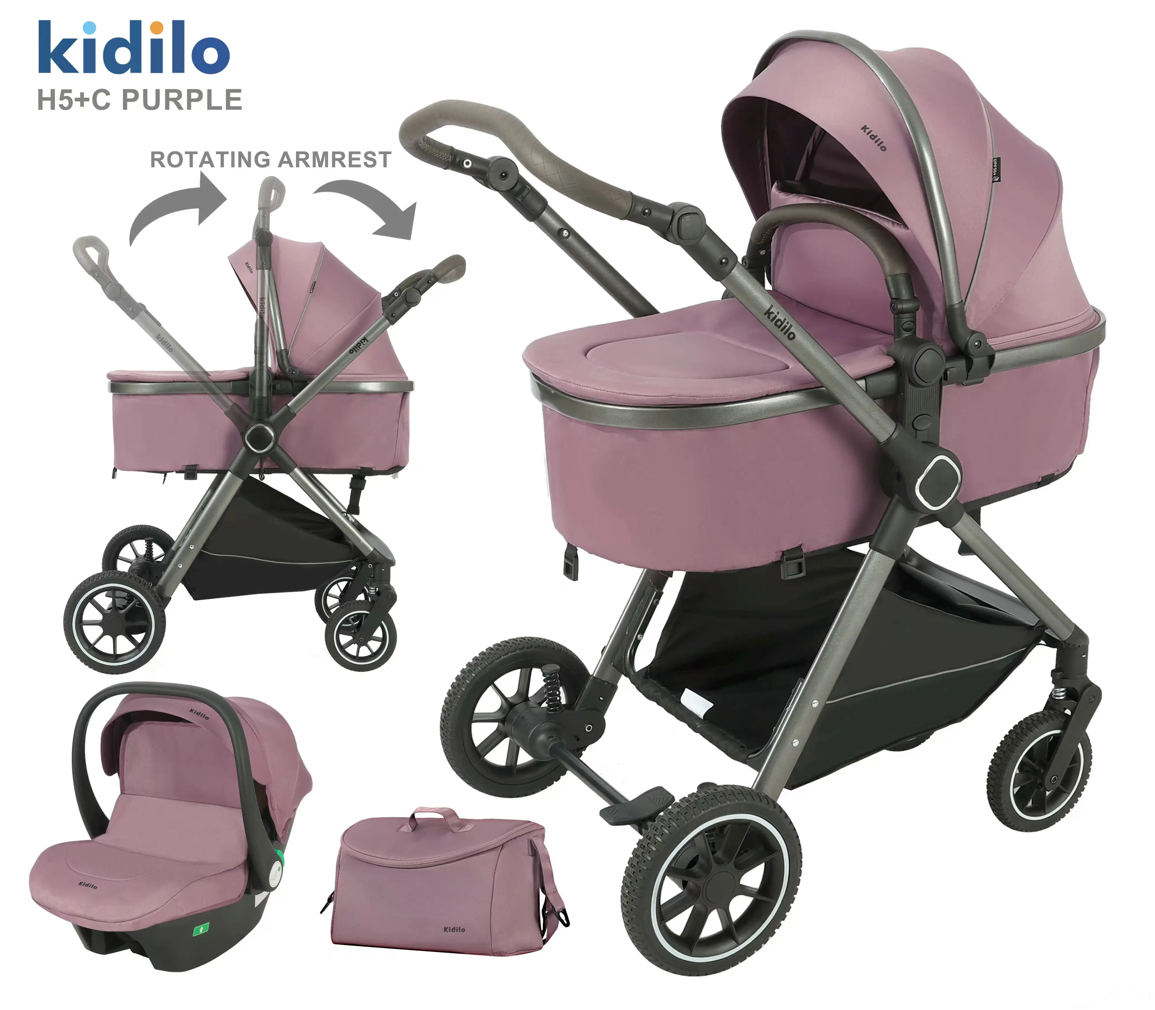 Kidilo 3-in-1 Aluminum Alloy Baby Stroller H5+C with Muti-position  Reclining Back System Pram & Car Seat for Newborns