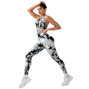 Women's Breathable Yoga Bodysuit Removable Hollow Out Black and White Tie Dye with Chest Pad for Sports