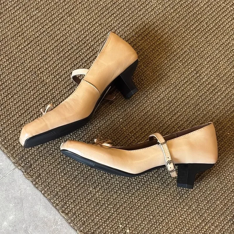 Square Toe Summer Vintage Mary Jane Shoes Women French Elegant Bowknot Thick Heel Pumps Ladies - Image 2