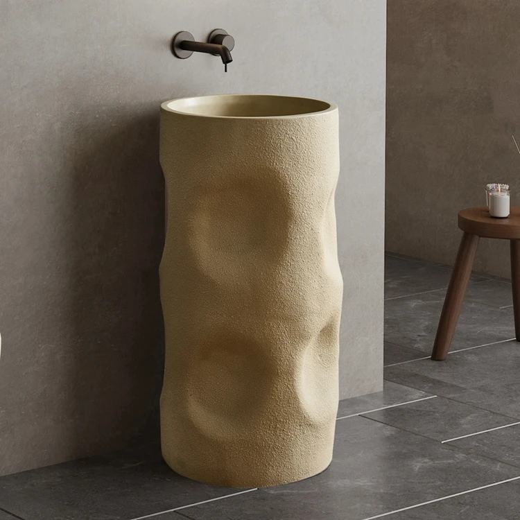 Wabi Sabi Style Cylindrical Shape Bathroom Pedestal Sink Creamy Color Artificial Stone Wash Basin Free Standing Bathroom Sink