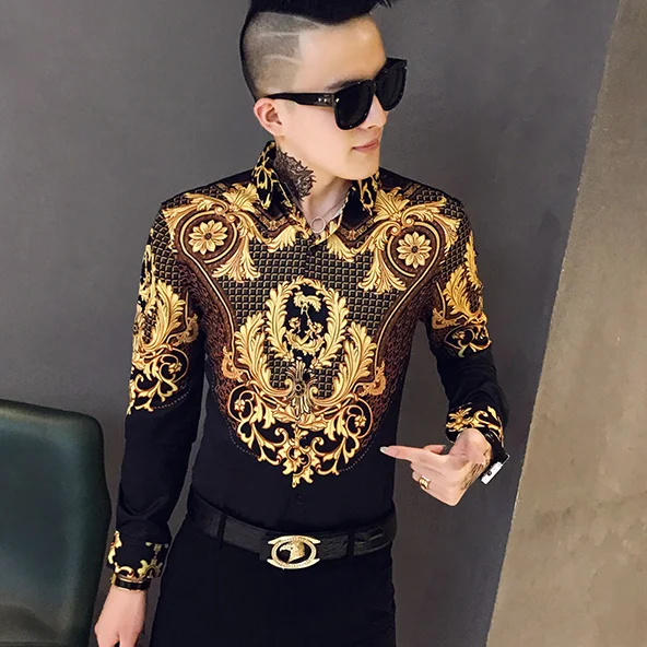 Luxury Black Gold Printed Shirt Royal Men's Tuxedo Fashion Men's Club  Clothing Long-sleeved Slim Street Dress Shirt Homme M-3xl - Buy Long Sleeve  Shirt,Blouse Shirt,Shirts Product on 