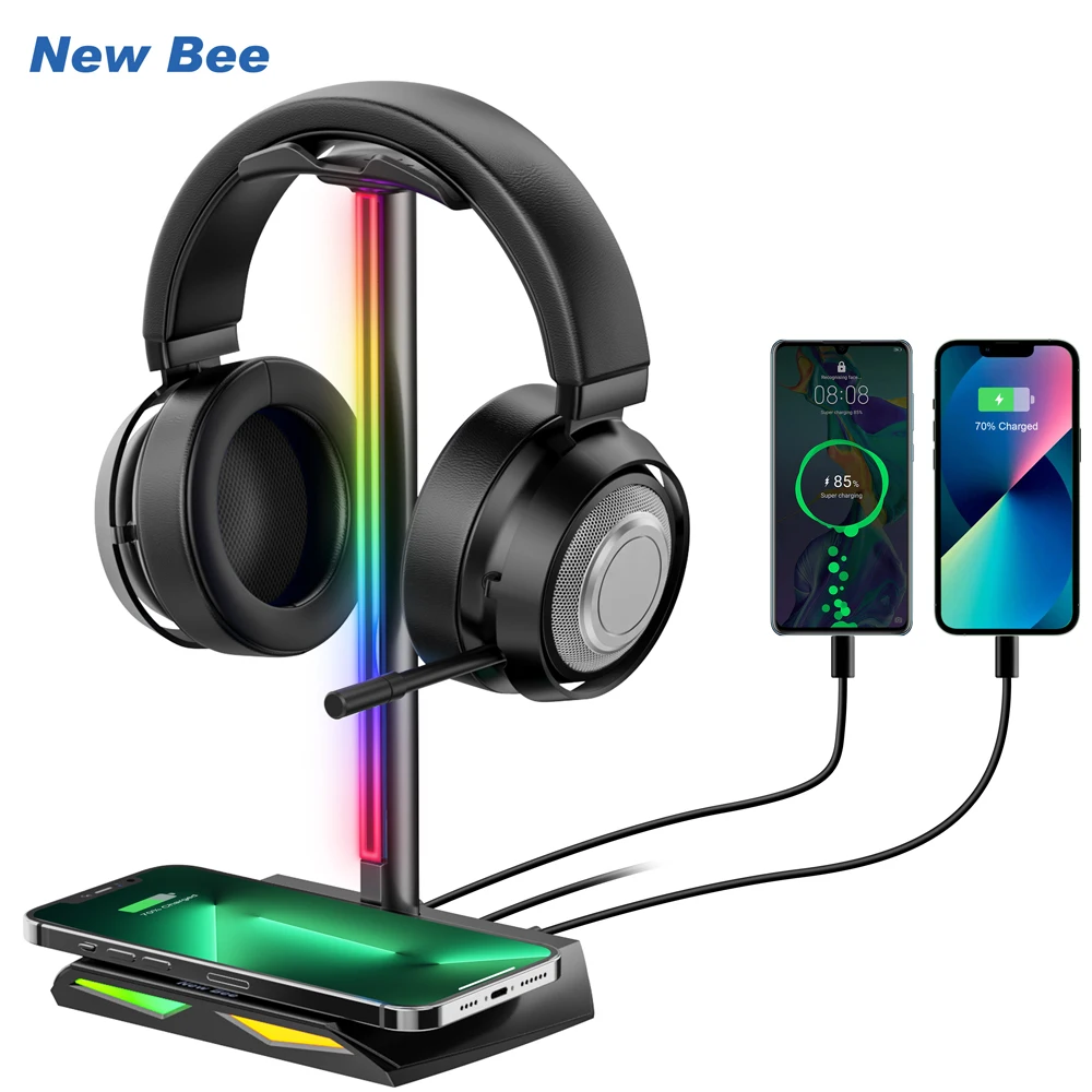 New Bee RGB Gaming Headphone Stand with Wireless Charger