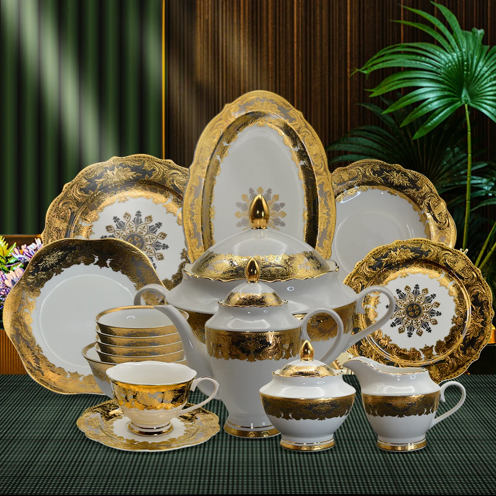 98pcs Thailand Luxury Style Dinner Set Gold High End Royal Modern And
