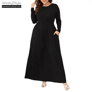 European American Autumn Vintage Long Sleeve Floor-Length Chiffon Natural Waist Button Solid Color O-Neck Casual Dress Plus-Size
