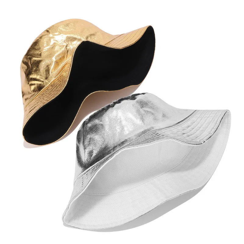 Gold and sliver paint double side checkered bucket good quality cute outdoor cap sunshade fashion bucket hats