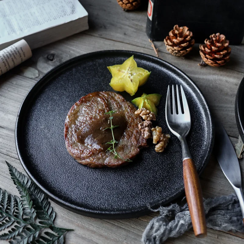 Ceramic Tableware Steak Plate Light Luxury 21cm Black Abrazine Flat Plate Restaurant  Pasta Plate for Hotel