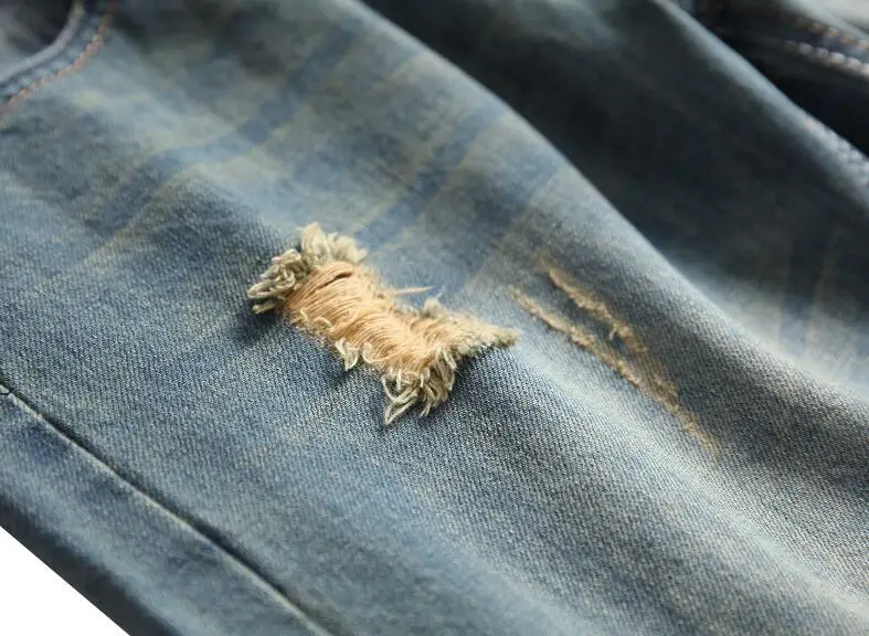 Retro Hole Ripped Distressed Jeans for Men Straight Washed Hip Hop Denim Trousers Casual Male Stacked Jean Pants