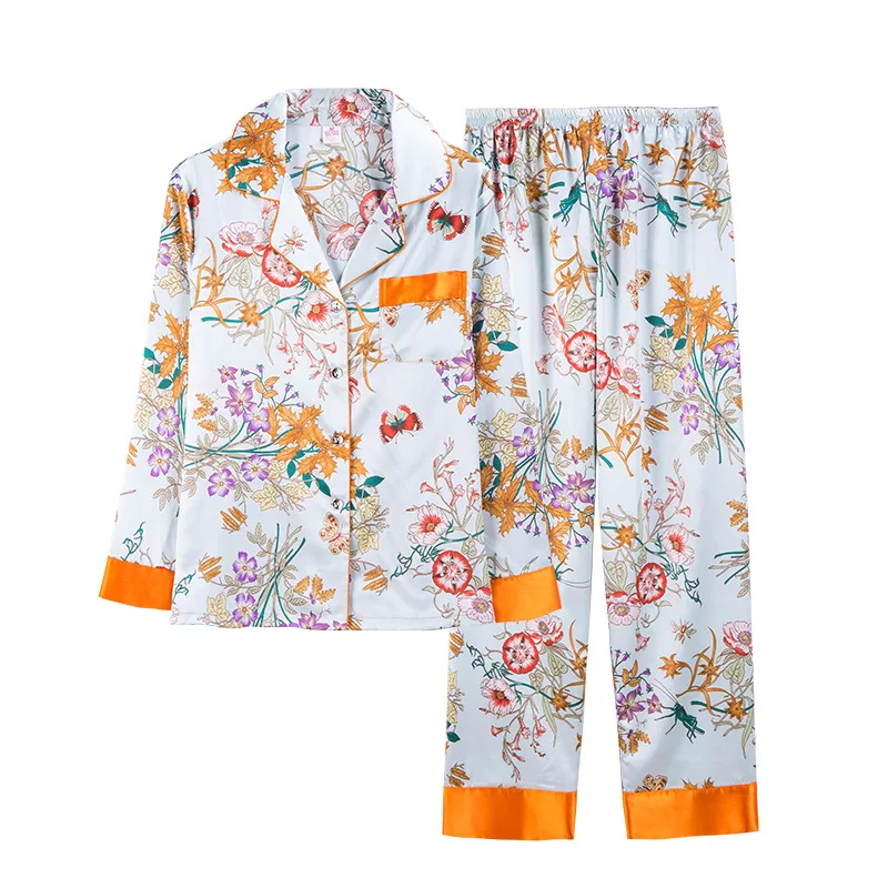 Silk Long Sleeve Pajama Set, Women Two-Piece Sleepwear Set