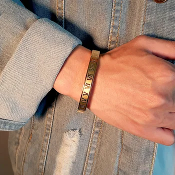 RFJEWEL Wholesale High Quality 316L Stainless Steel ROMAN Number Pattern Bracelet Bangle for Men