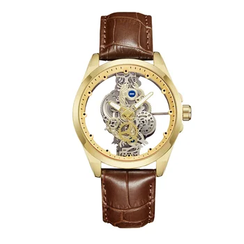 Gold Skeleton Waterproof Leather Custom Watch Men Luxury Orologio Uomo Relojes De cuarzo Para Hombre