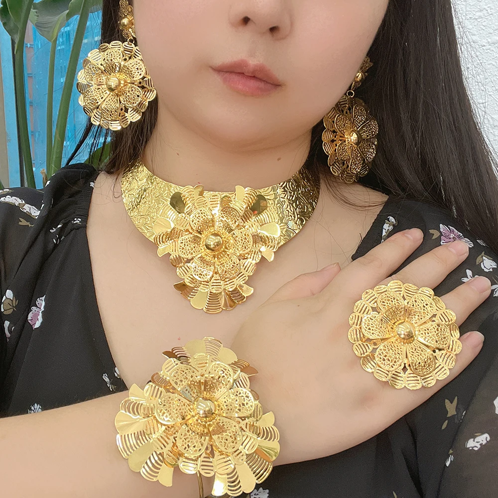 24k Gold Plated Large Size Jewelry Set With Flower Necklace Indian