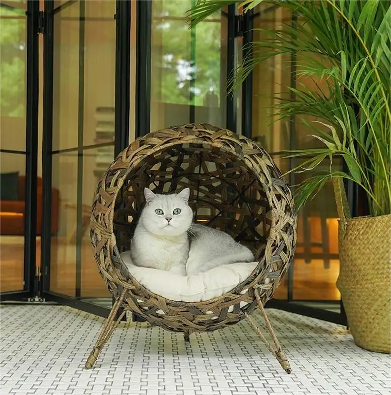 Handwoven Rattan Pet Elevated Bed Cat Nest Furniture Swing Custom Cat