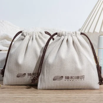 Minimalist Reusable Drawstring Canvas Pouch Herringbone Pattern Ornaments Bag Cotton Linen Dust Bag for Perfume Storage