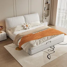 Modern Luxury Solid Wood Frame, Technology Fabric Double Bed, Bedroom Furniture Set with Storage Function