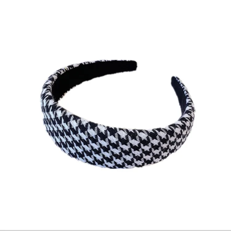Stylish Black and White Houndstooth wide, padded style Headband New Classic Net Yarn Houndstooth Headband Rhinestone... From  main image 4