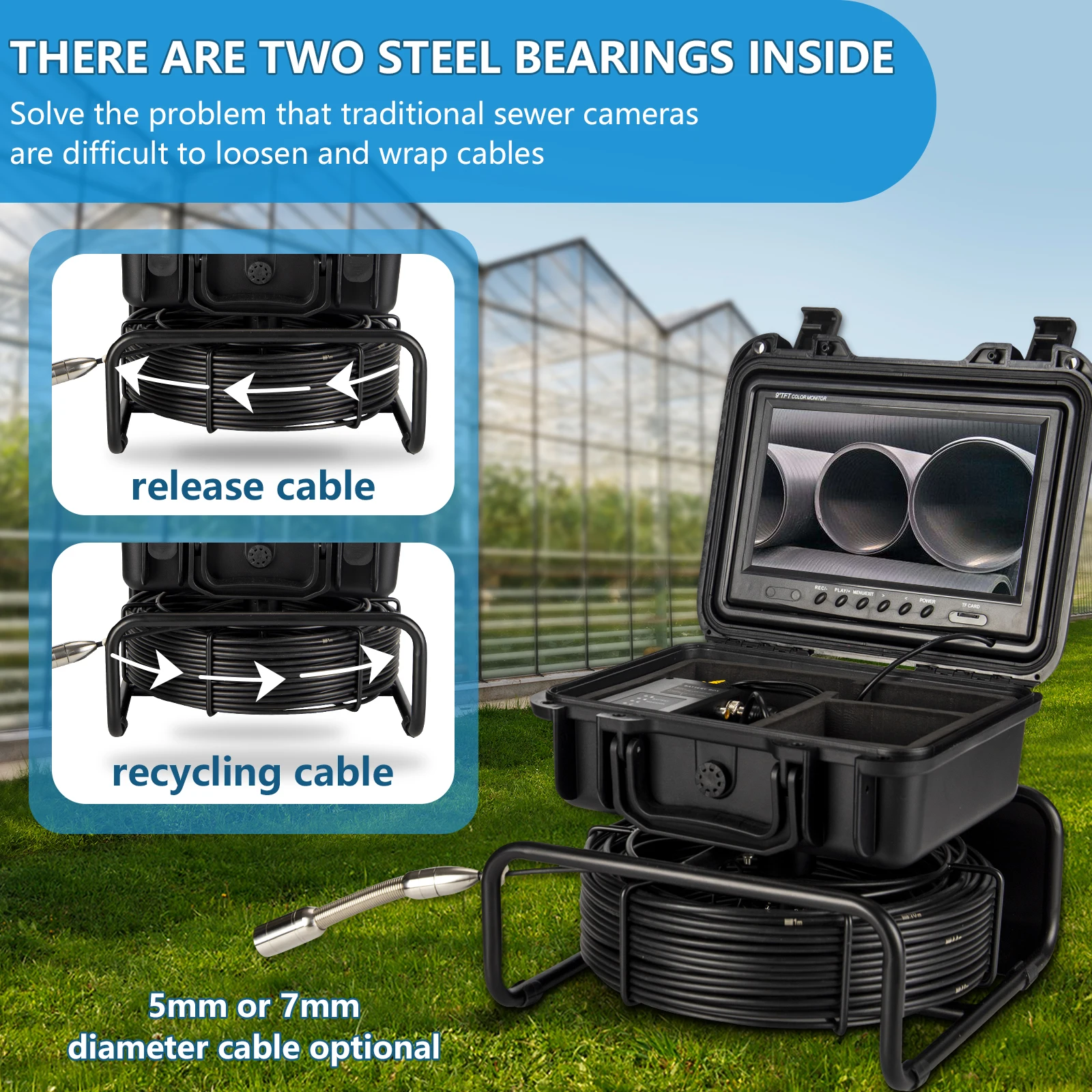 Hot selling pipeline detection camera 9-inch 1080P color screen video pipeline camera 23MM camera with 12 high white lights