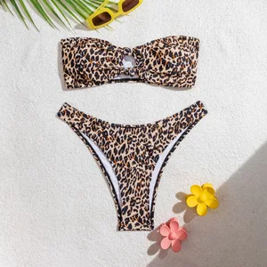 2026 New Summer Eco-friendly Underwire Floral Print Women's 2-Piece Swimsuit High Waist Thong Tube Top Leopard Bikini Beachwear