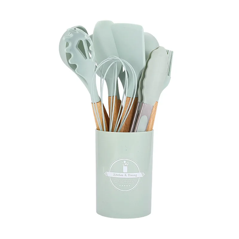 Reasonable Price 12 in One Silicone Kitchenware Products Non-Stick Heat Resistant Kitchen Utensils Set With Wooden Handle