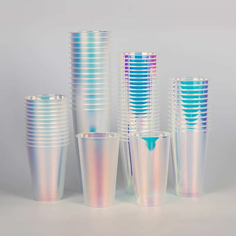 LOKYO Popular 700ml 500ml Colorful Boba Milk Tea Cup Holographic Disposable Plastic Cups with Lids and logo