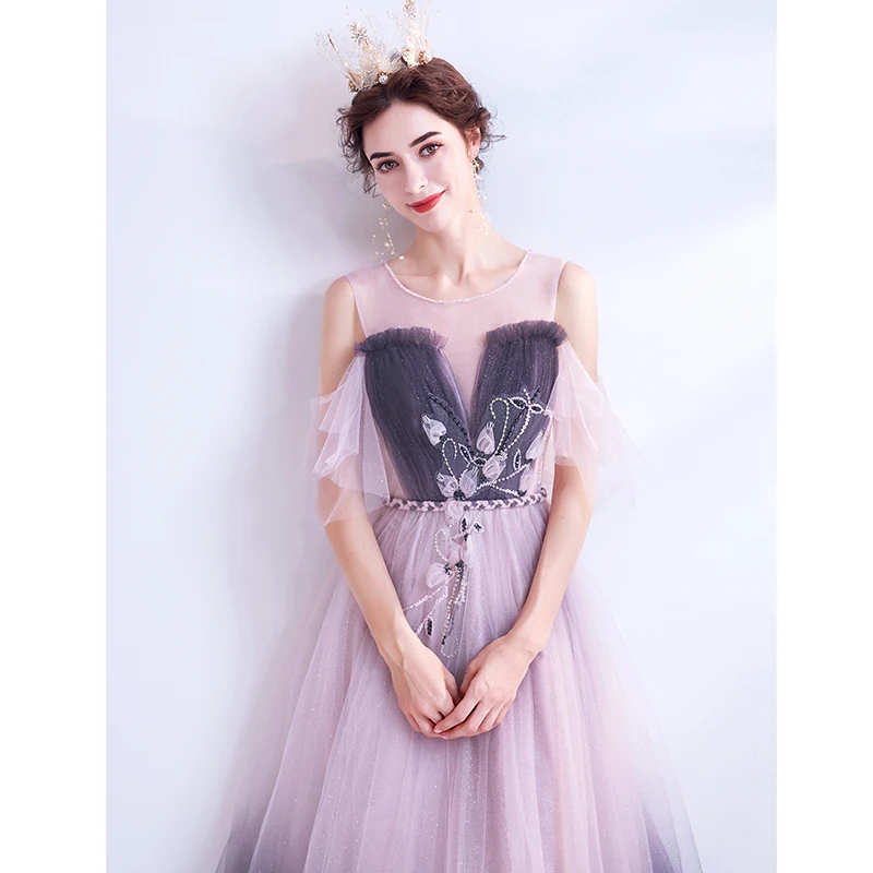 fitted lace wedding dress Short Puffy Sleeves Lavender Tulle Long Formal Dress – Ohmollydress main image 1