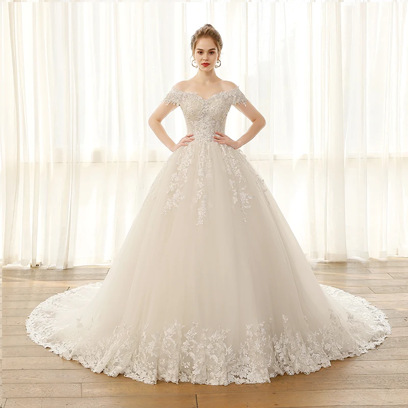 Lace Appliques Ball Gown Off Shoulder Short Sleeve Wedding Dresses Bridal Gowns 