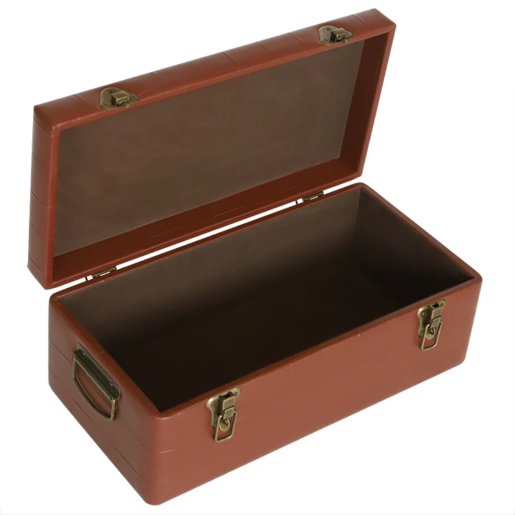 Set of 2 Brown Leather Trunks Pu Leather Trunks with Vintage Bronzed Metal Lock Accessory