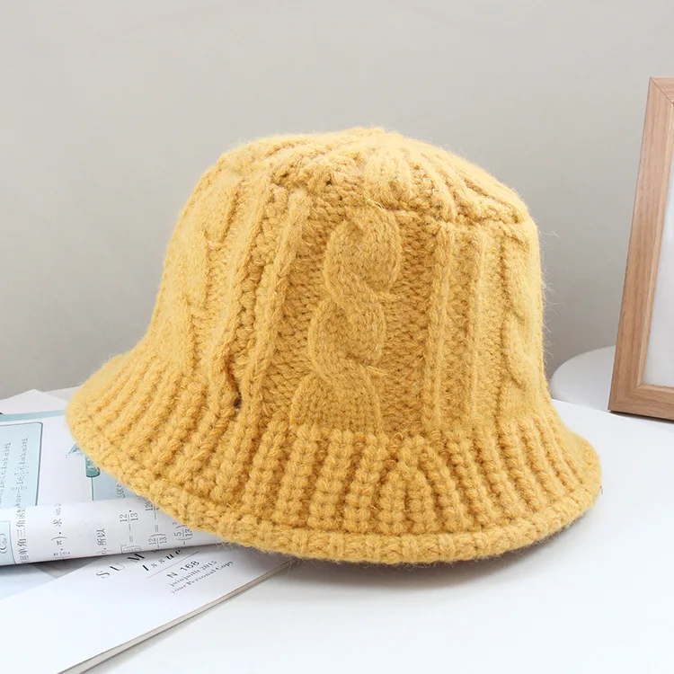 New custom designer winter fashion women warm cable knit hats yellow knitted crochet bucket hat with your own logo