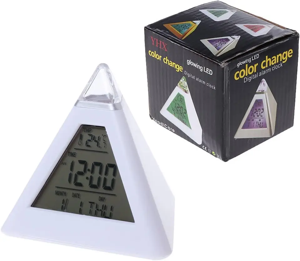 Perpetual Calendar Thermometer Home Decoration Triangle Pyramid Colorful Backlight Digital Table Desk Alarm Clock