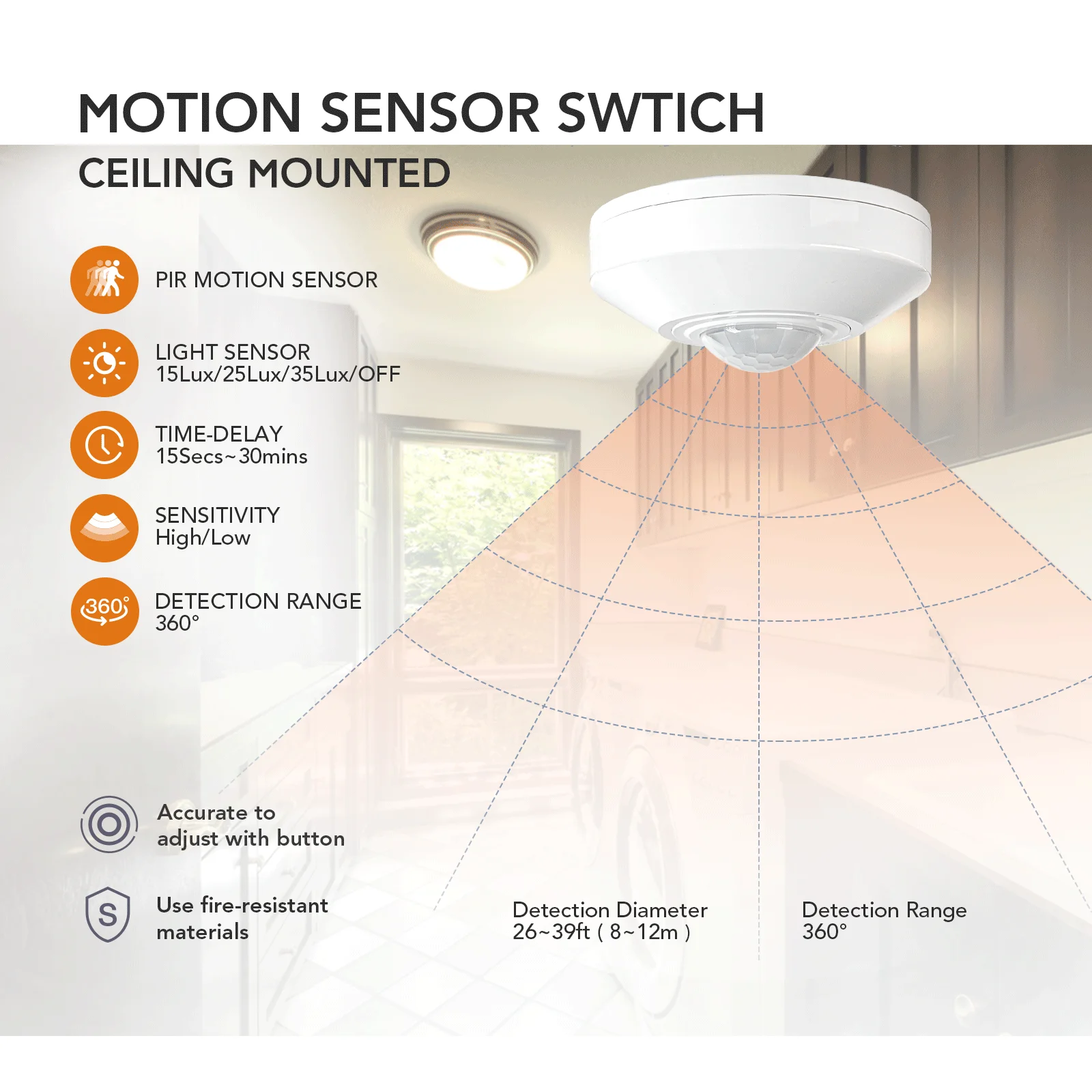 RZ036 PIR Ceiling Motion Sensor, 12V/24V Automatic ON/OFF Light Control for Smart Home & Office High Sensitivity 360° Detection