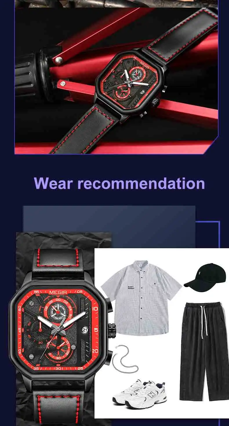 MEGIR 8106 Casual Leather Men's Watches Fashion Square Business Wristwatches Relojes Hombre Luminous Quartz Watches Custom LOGO