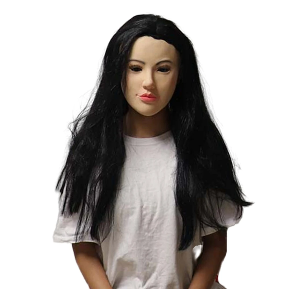 Realistic Latex Mask Female Woman Face Halloween Latex Mask Girl Headgear With Wig Lady 3746