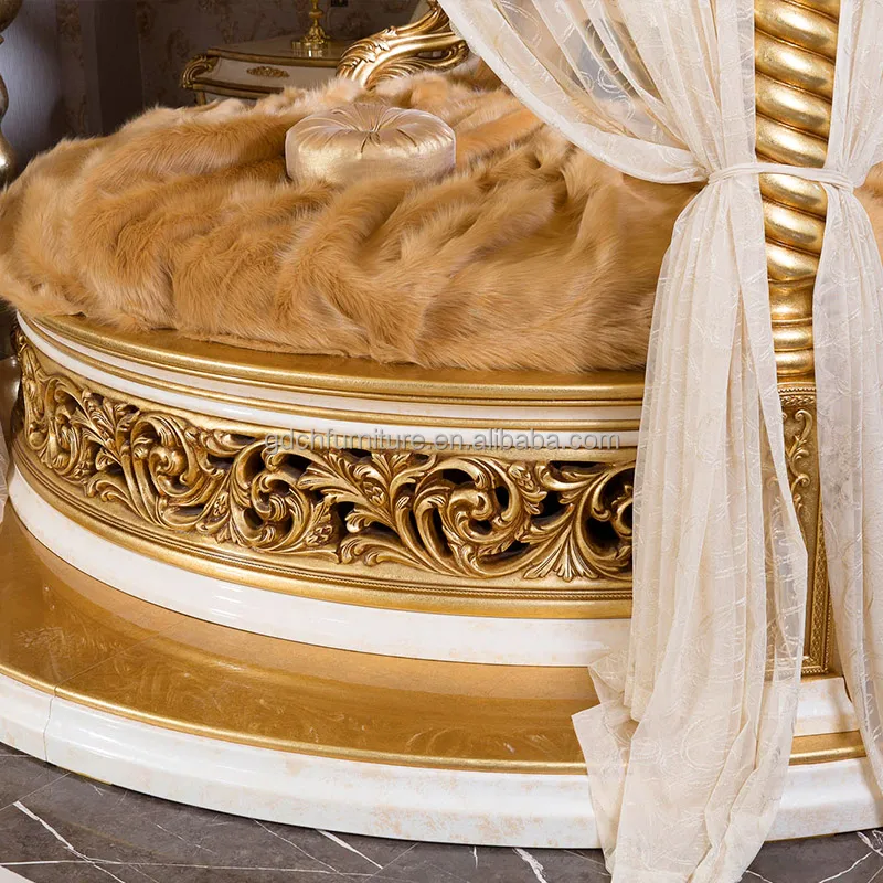 European Ialian Round Bed Solid Wood Antique Hand Carved Wooden Beds