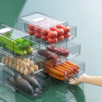 Plastic Clear Stackable Ventilation Pull-out Drawer Type Fridge Organizer Bin With Drain Tray