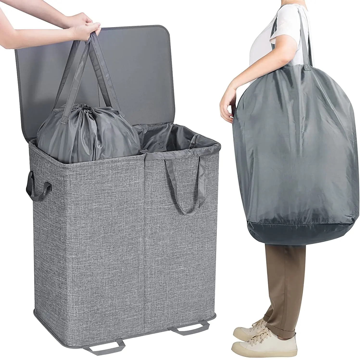 Large Capacity Collapsible 2 Dividers Dirty Clothes Basket Double Laundry Hamper With Lid and Removable Laundry Bags